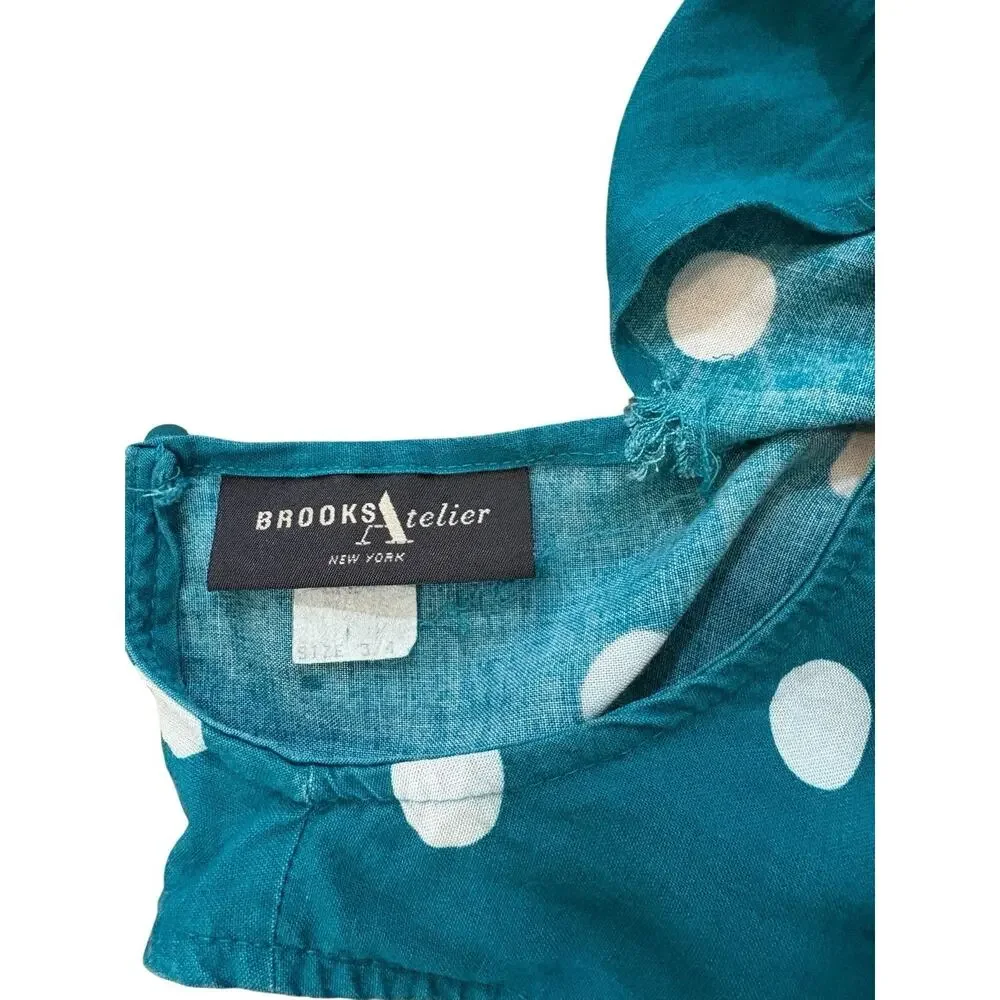 Vtg‎ 80s Brooks Atelier NY Teal Polka Dot Dress W/ Belt Halter Neck Xs Old Money